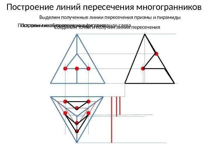 Построение линий пересечения многогранников Выделим полученные линии пересечения призмы и пирамиды Построим изображение на