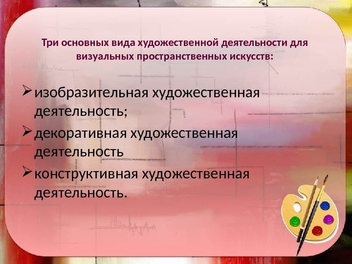 Три основных вида художественной деятельности для визуальных пространственных искусств:  изобразительная художественная деятельность; 