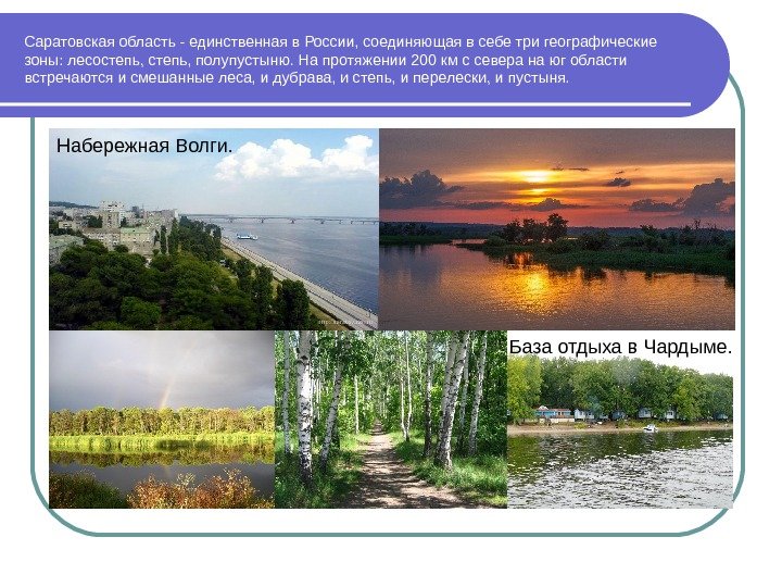 Саратовская область - единственная в России, соединяющая в себе три географические зоны: лесостепь, полупустыню.
