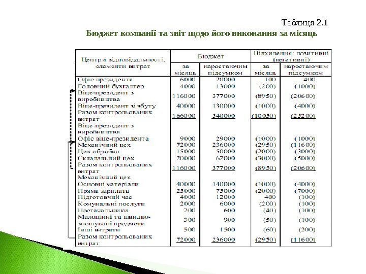 Таблиця 2. 1 Бюджет компанії та звіт щодо його виконання за місяць  