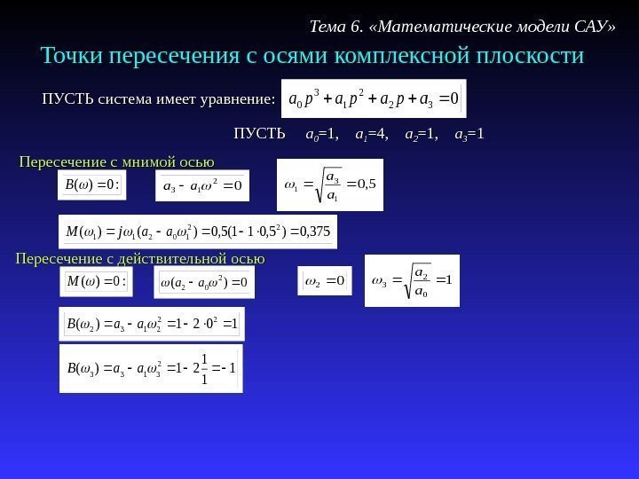 Точки пересечения с осями комплексной плоскости Тема 6.  «Математические модели САУ» Пересечение с