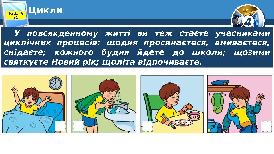 4 Цикли У повсякденному житті ви теж стаєте учасниками циклічних процесів:  щодня просинаєтеся,