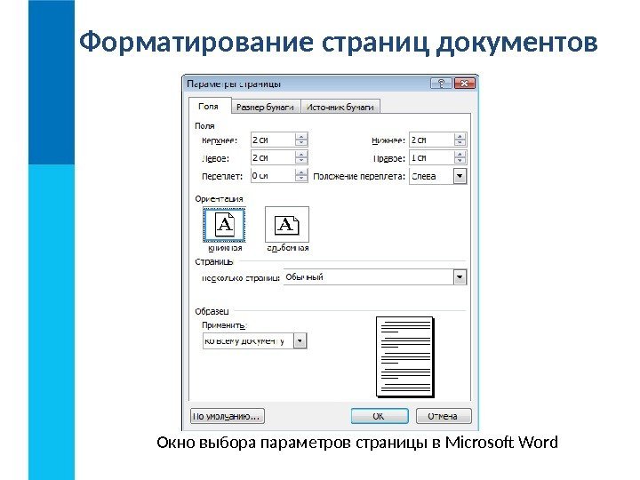 Форматирование страниц документов Окно выбора параметров страницы в Microsoft Word  