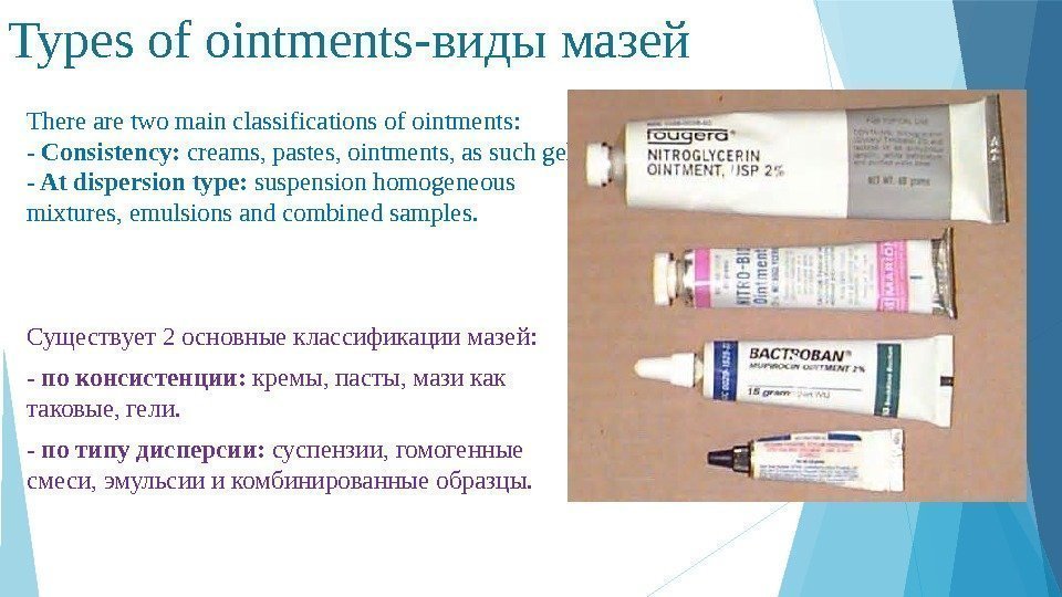 Types of ointments-виды мазей There are two main classifications of ointments: - Consistency: 