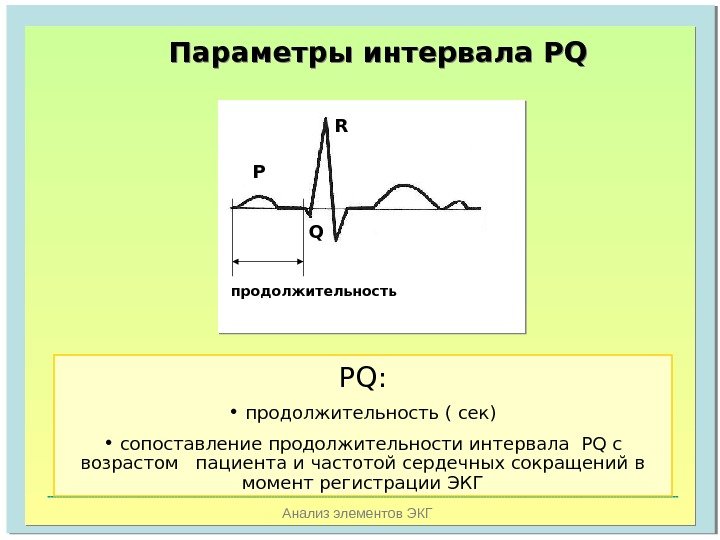   Анализ элементов ЭКГПараметры интервала PQ QP R продолжительность PQ :  •