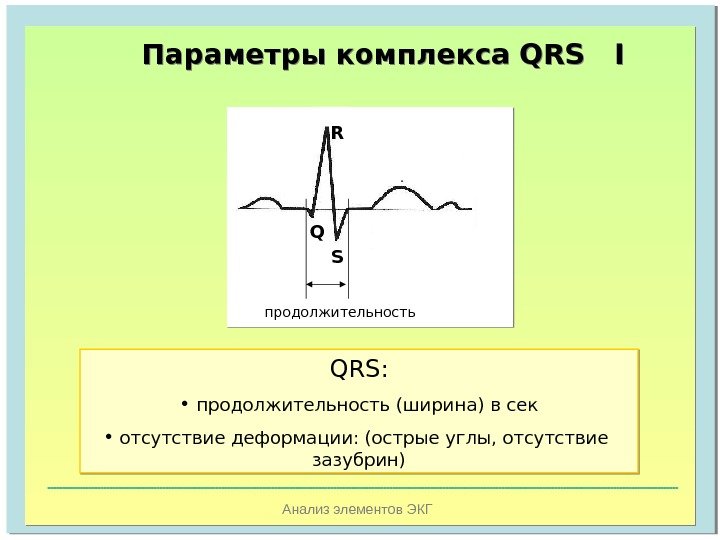   Анализ элементов ЭКГПараметры комплекса  QRS I R Q S продолжительность QRS