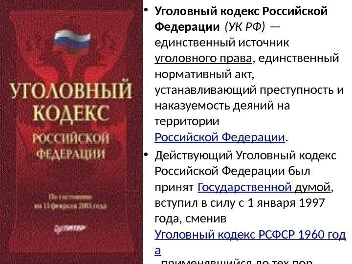  • Уголовный кодекс Российской Федерации (УК РФ) — единственный источник уголовного права ,