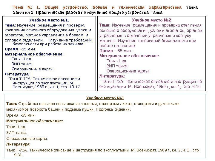 Тема № 1.  Общее устройство,  боевая и техническая характеристика  танка Занятия