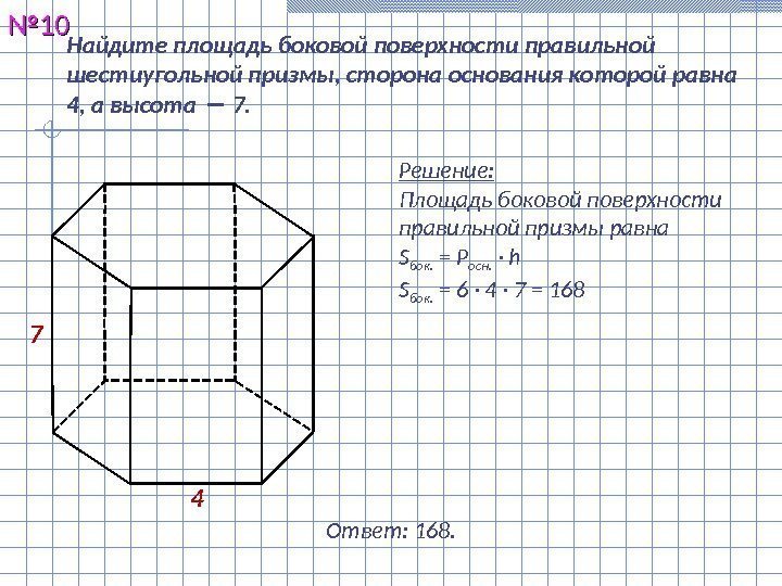 Найдите площадь боковой поверхности правильной шестиугольной призмы, сторона основания которой равна 4, а высота