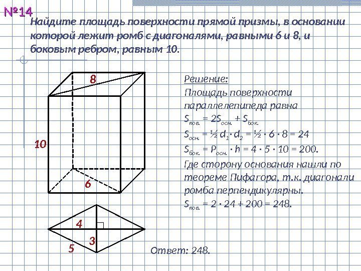 Найдите площадь поверхности прямой призмы, в основании которой лежит ромб с диагоналями, равными 6