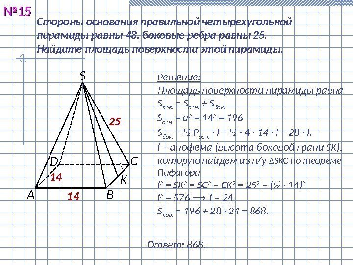 Стороны основания правильной четырехугольной пирамиды равны 48, боковые ребра равны 25.  Найдите площадь