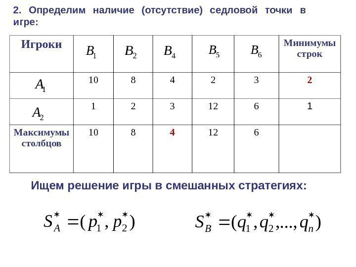 Решить игру. Седловая точка в смешанных стратегиях. График поиска решений в смешанных стратегиях. Игры в смешанных стратегиях . Вычислительные схемы. В ходе решения игр без седловой точки определяется.