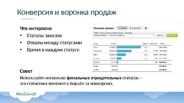 Конверсия и воронка продаж Что интересно • Статусы заказов • Отвалы между статусами •