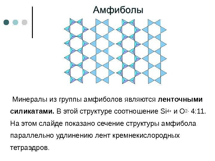  Минералы из группы амфиболов являются ленточными силикатами.  В этой структуре соотношение Si