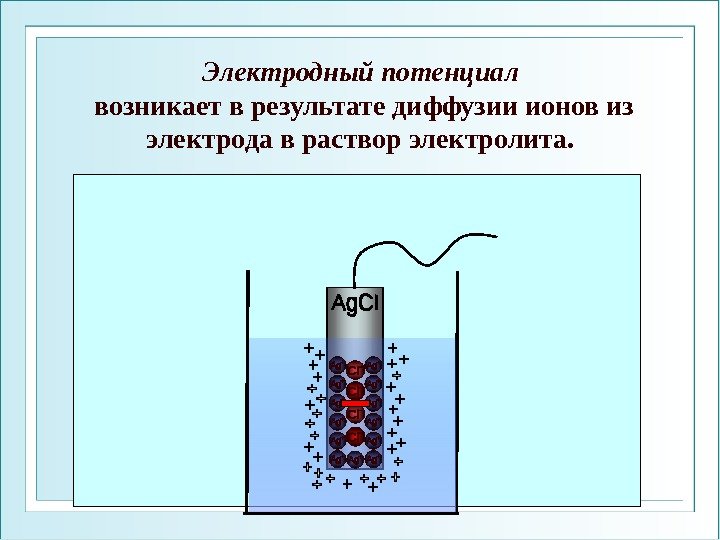 Электродный потенциал возникает в результате диффузии ионов из электрода в раствор электролита. 