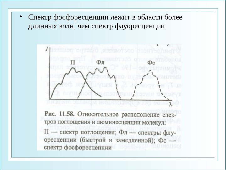  • Спектр фосфоресценции лежит в области более длинных волн, чем спектр флуоресценции 