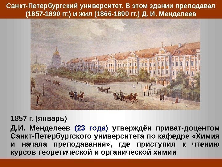Санкт-Петербургский университет. В этом здании преподавал (1857 -1890 гг. ) и жил (1866 -1890