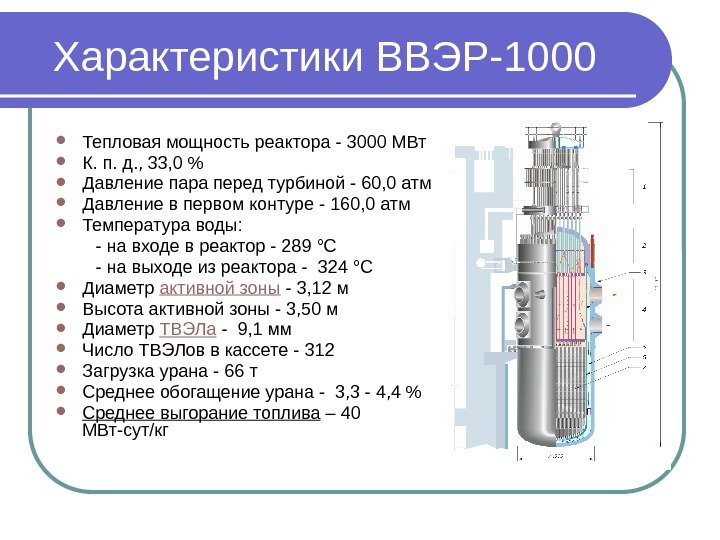 Характеристики ВВЭР-1000  Тепловая мощность реактора - 3000 МВт К. п. д. , 33,