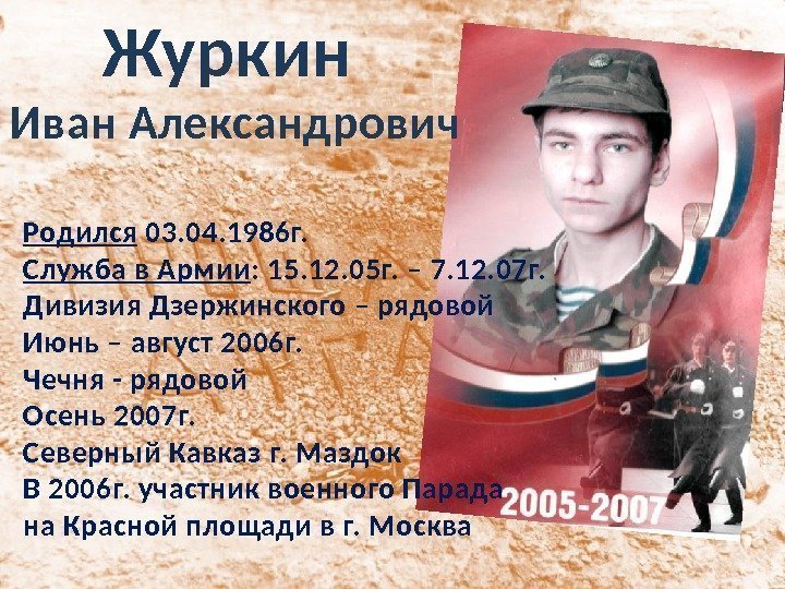 Журкин Иван Александрович Родился 03. 04. 1986 г. Служба в Армии : 15. 12.