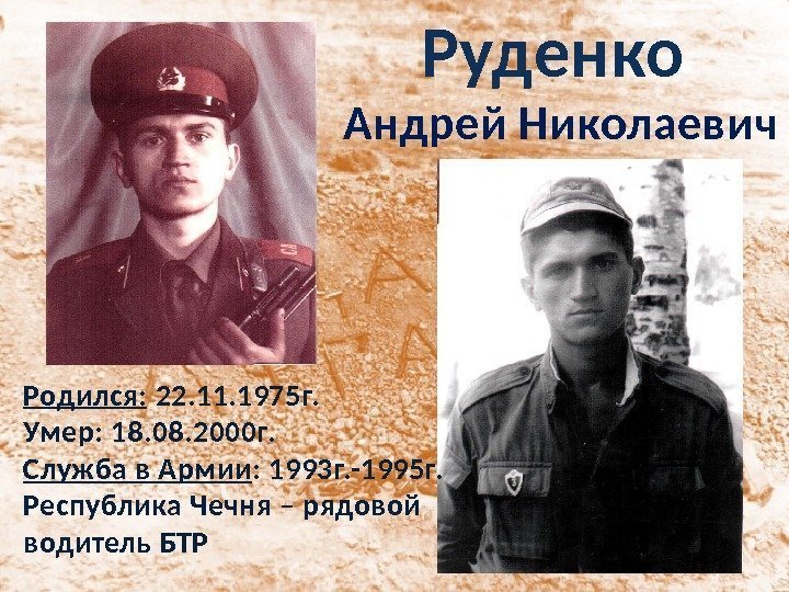 Руденко  Андрей Николаевич Родился:  22. 11. 1975 г. Умер: 18. 08. 2000