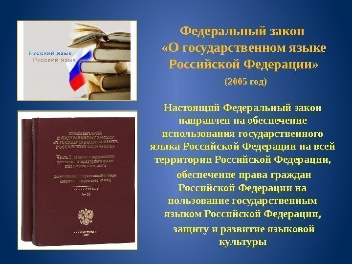Федеральный закон  «О государственном языке Российской Федерации»  (2005 год)  Настоящий Федеральный
