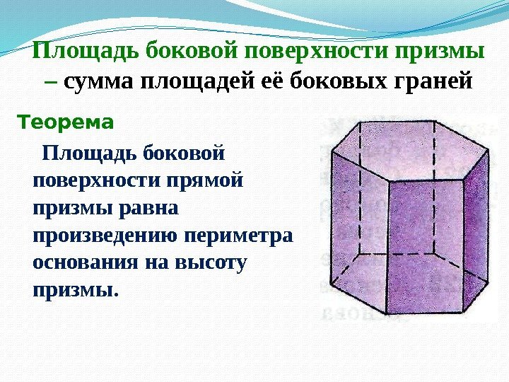 Площадь боковой поверхности призмы – сумма площадей её боковых граней Теорема  Площадь боковой