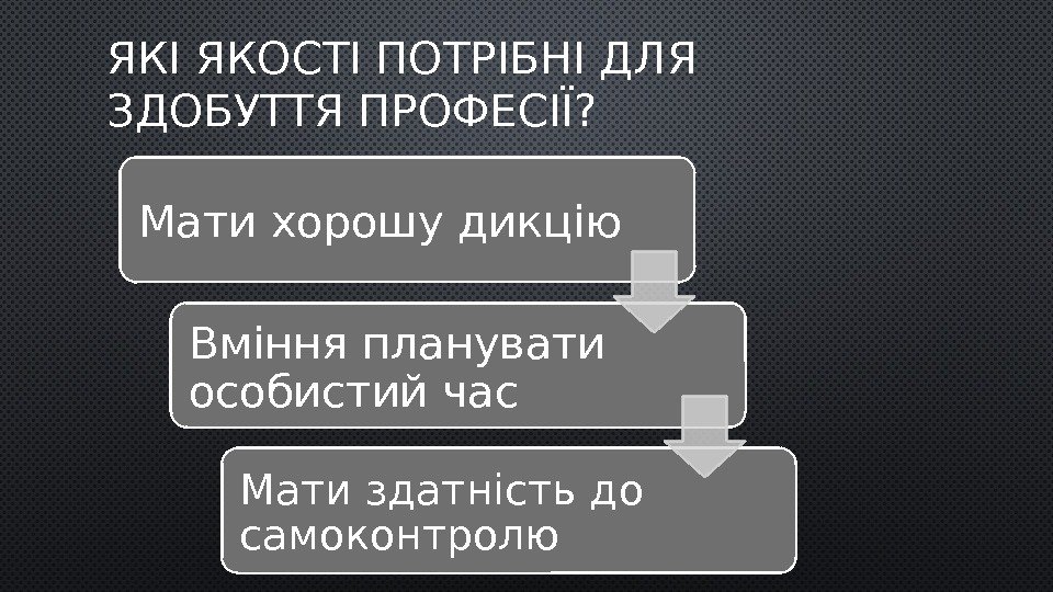 ЯКІ ЯКОСТІ ПОТРІБНІ ДЛЯ ЗДОБУТТЯ ПРОФЕСІЇ? Мати хорошу дикцію Вміння планувати особистий час 