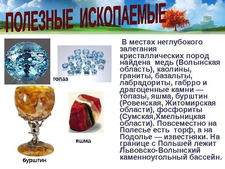  В местах неглубокого залегания кристаллических пород найдена медь (Волынская область), каолины,  граниты,