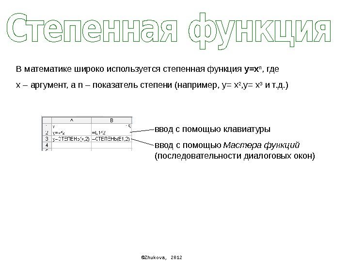 © Zhukova , 2012 В математике широко используется степенная функция y= х n ,