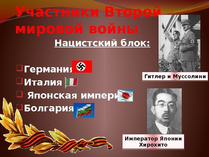Участники Второй мировой войны Нацистский блок:  Германия Италия  Японская империя Болгария Гитлер