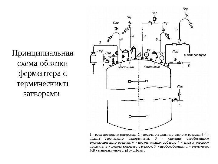 Принципиальная схема обвязки ферментера с термическими затворами 