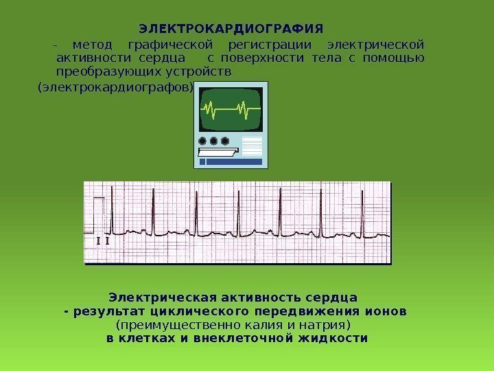 ЭЛЕКТРОКАРДИОГРАФИЯ  - метод графической регистрации электрической активности сердца с поверхности тела с помощью