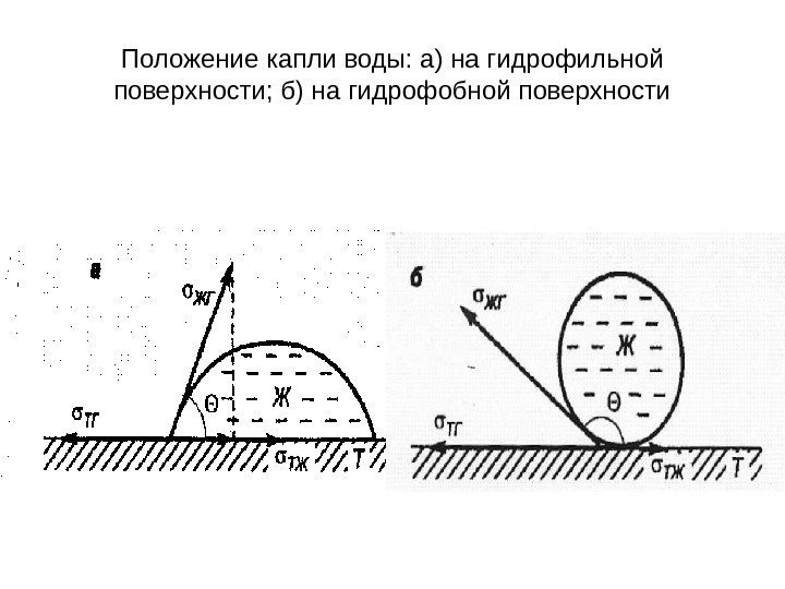 Положение капли воды: а) на гидрофильной поверхности; б) на гидрофобной поверхности 