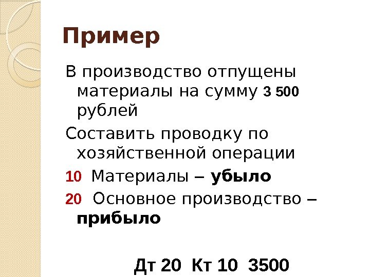 Пример В производство отпущены материалы на сумму 3 500 рублей Составить проводку по хозяйственной