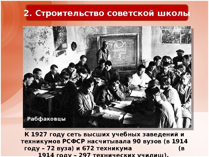 2. Строительство советской школы Рабфаковцы К 1927 году сеть высших учебных заведений и техникумов