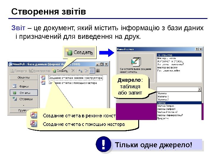   Створення звітів Звіт – це документ, який містить інформацію з бази даних