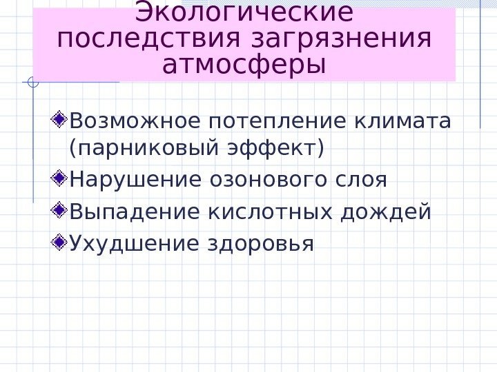 Экологические последствия загрязнения атмосферы Возможное потепление климата (парниковый эффект) Нарушение озонового слоя Выпадение кислотных