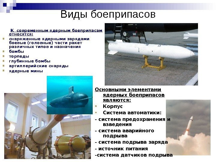 Виды боеприпасов  К современным ядерным боеприпасам относятся: снаряженные ядерными зарядами боевые (головные) части