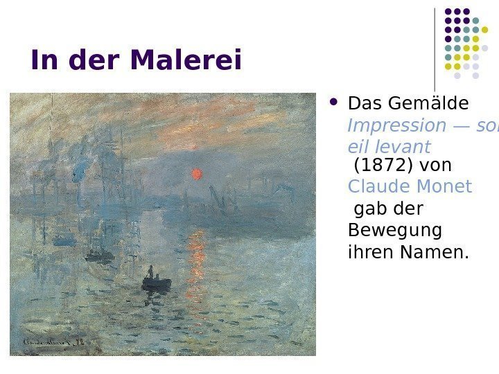 In der Malerei Das Gemälde Impression — sol eil levant (1872) von Claude Monet