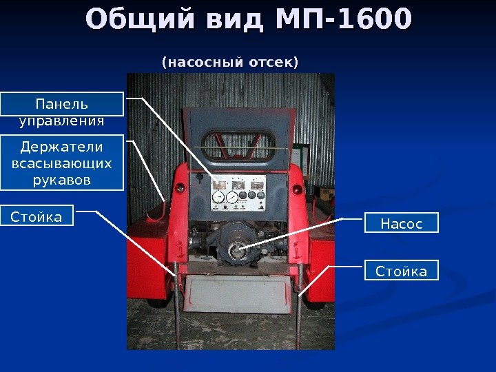 Общий вид МП-1600 (насосный отсек) Держатели всасывающих рукавов Стойка Панель управления Стойка Насос 