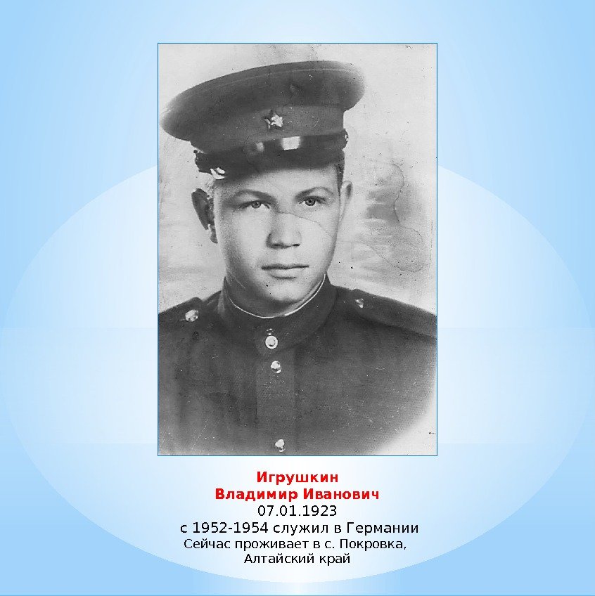 Игрушкин Владимир Иванович 07. 01. 1923  с 1952 -1954 служил в Германии Сейчас