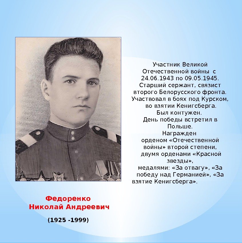 Федоренко  Николай Андреевич (1925 -1999) Участник Великой Отечественной войны с  24. 06.