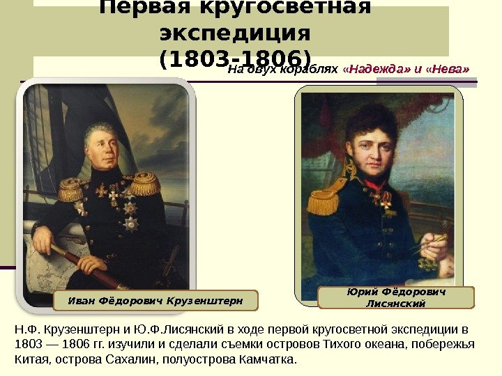   Первая кругосветная экспедиция (1803 -1806) Иван Фёдорович Крузенштерн На двух кораблях 