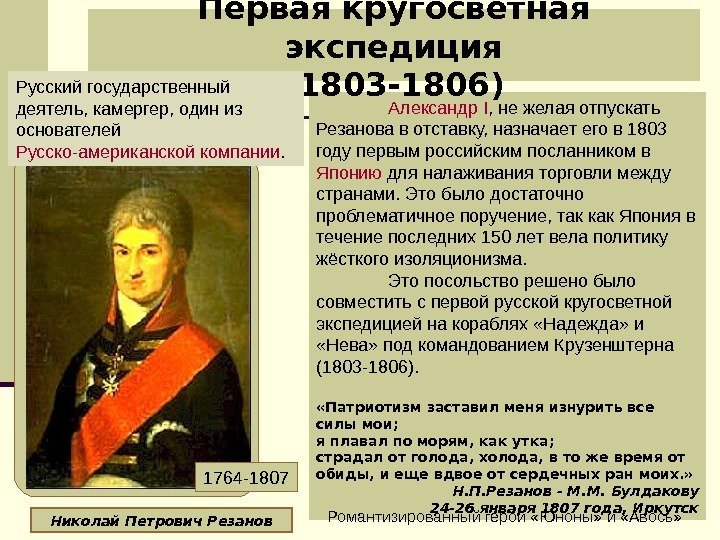   Николай Петрович Резанов Александр I , не желая отпускать Резанова в отставку,