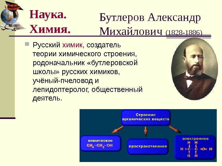   Бутлеров Александр Михайлович (1828 -1886) Русский химик , создатель теории химического строения,