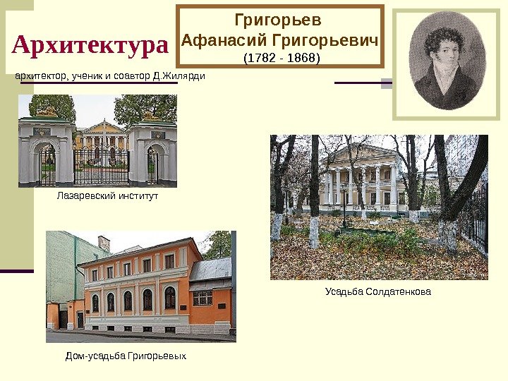   Архитектура Григорьев Афанасий Григорьевич  (1782 - 1868) архитектор, ученик и соавтор