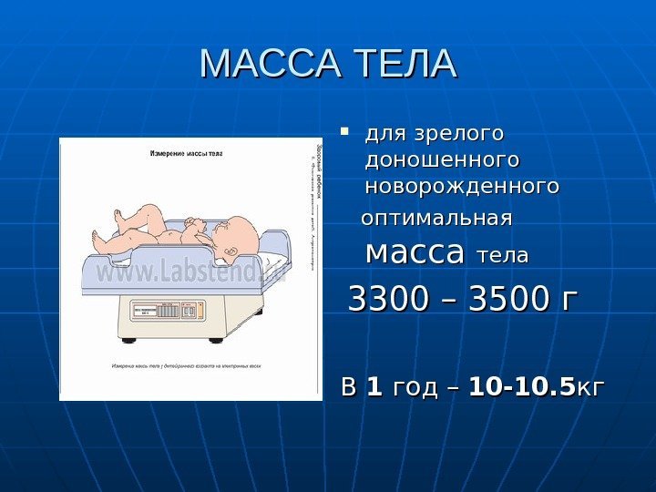   МАССА ТЕЛА для зрелого доношенного новорожденного  оптимальная  масса тела 3300