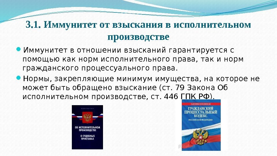 3. 1. Иммунитет от взыскания в исполнительном производстве Иммунитет в отношении взысканий гарантируется с