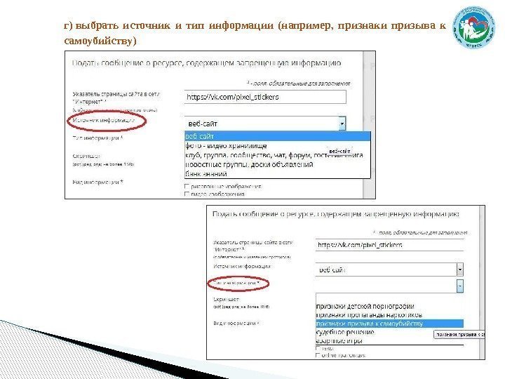 г)выбрать источник и тип информации (например, признаки призыва к самоубийству)  