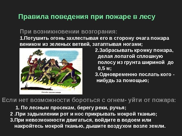 Правила поведения при пожаре в лесу При возникновении возгорания: 1. Потушить огонь захлестывая его